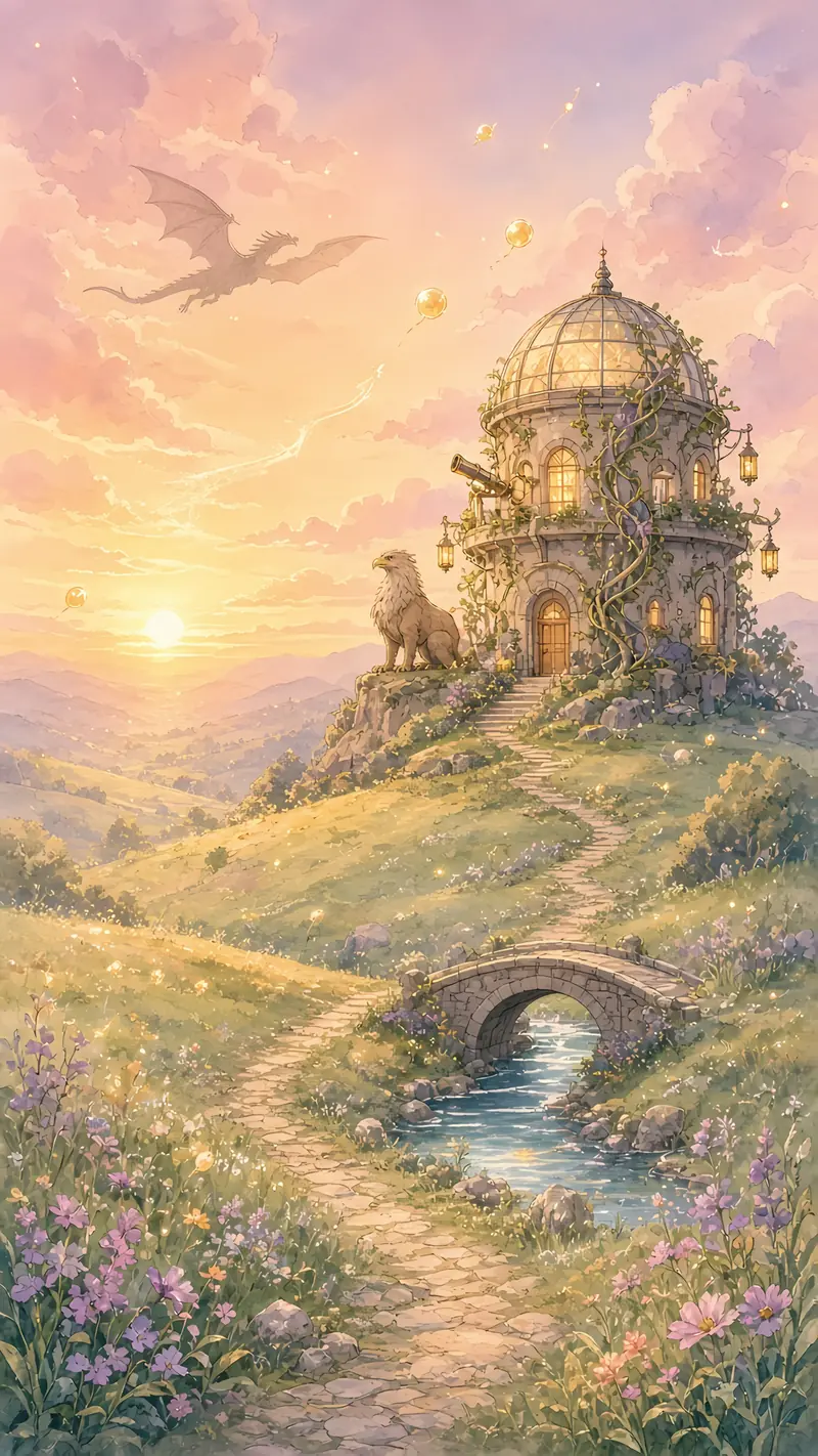 Main screen artwork from DNA Forge: a watercolor hillside at sunset, with a vine-covered stone tower, a griffin, a dragon, a stone bridge, and wildflowers.