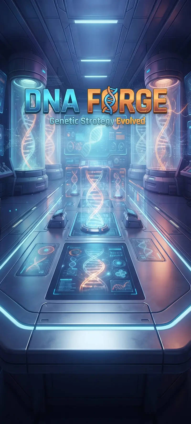 Splash art for DNA Forge: a blue genetics laboratory, with glowing DNA helixes in glass columns and on the consoles.